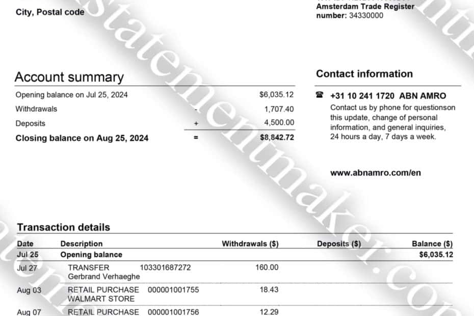 Understanding Custom Bank Statements: What You Need to Know 13 ABN AMRO Netherlands bank statement template – realistic and editable PDF for proof of address & compliance training