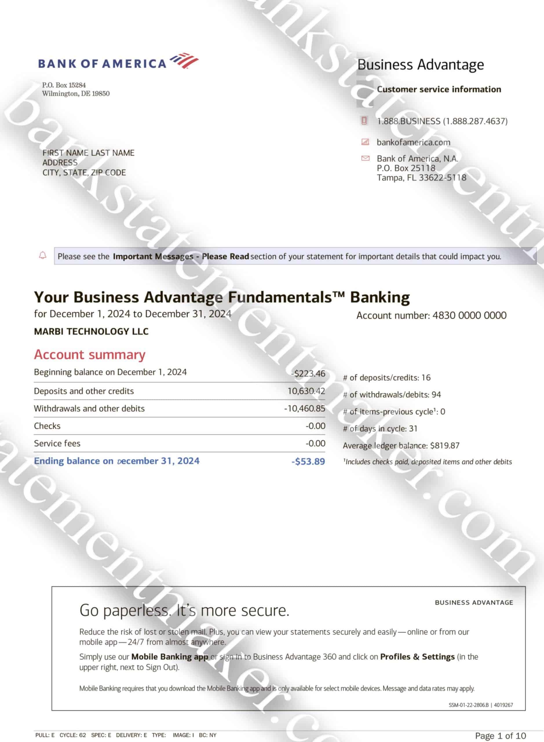 Bank of America statement template – customizable PDF for billing mockups, UX testing, and proof of address