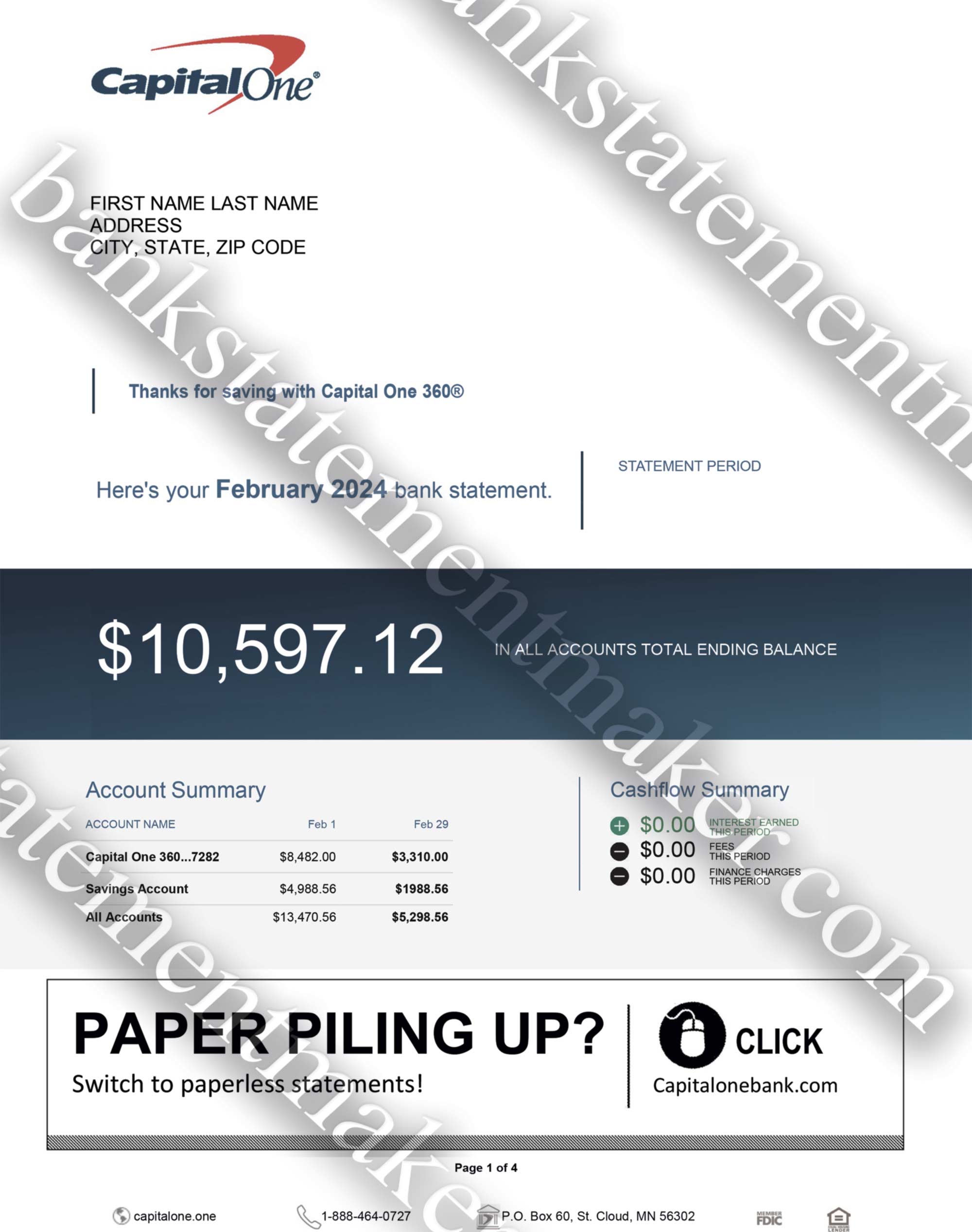 Capital One bank statement template – editable PDF for verification, mockups, and training