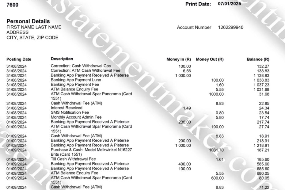 Case Study : Educational Institution Teaches Financial Literacy with Sample Bank Statements 11 Capitec Bank South Africa editable bank statement – realistic financial document for KYC and address confirmation