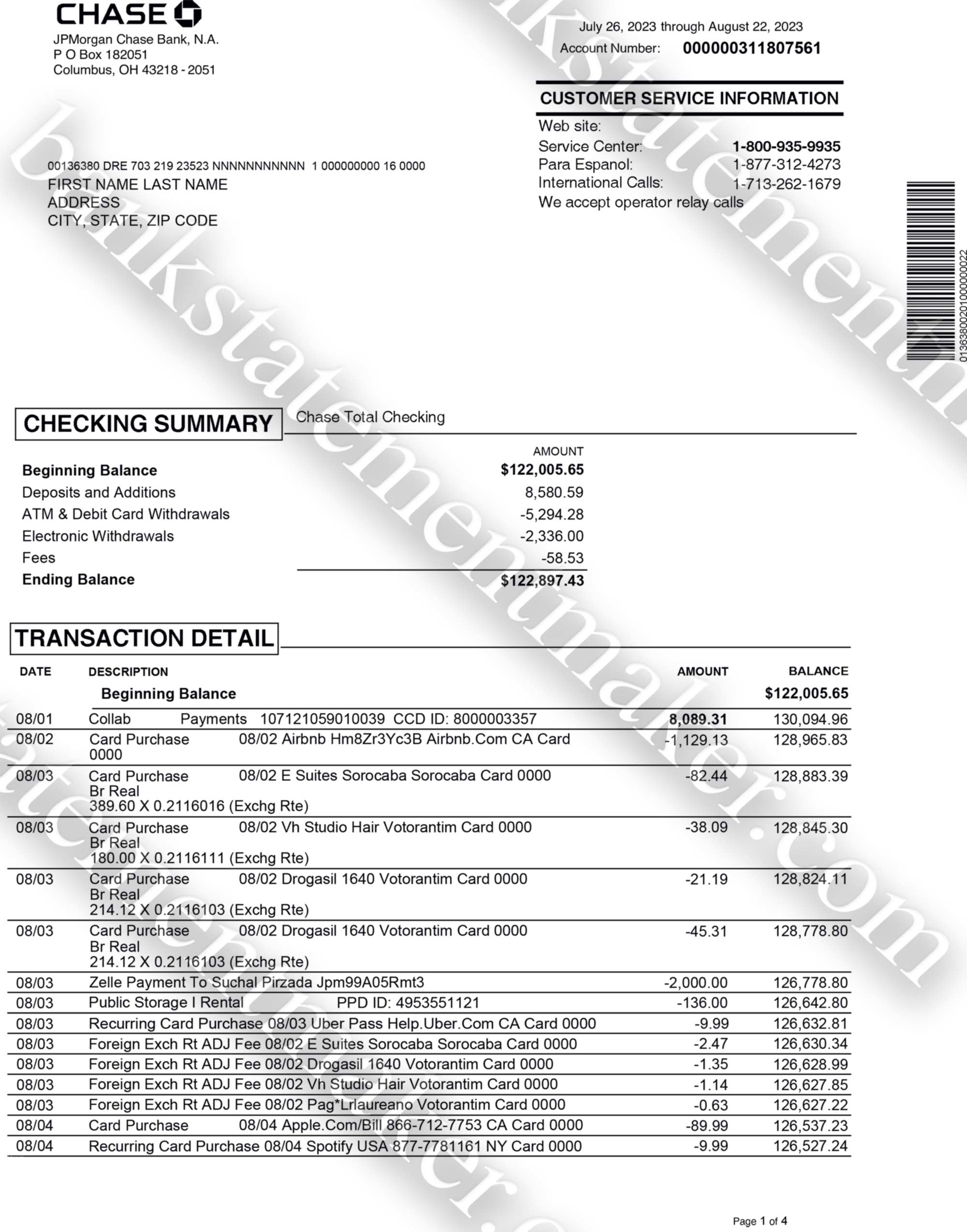 Custom Chase bank statement