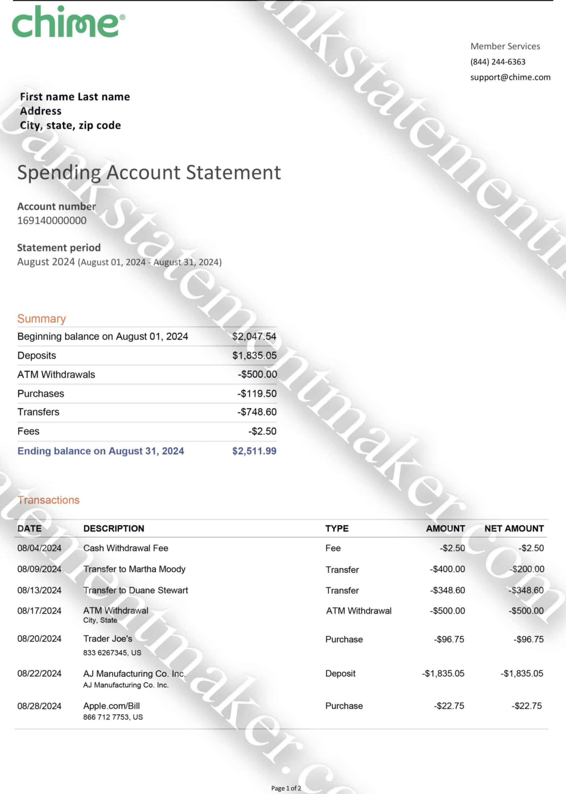 Chime bank statement mockup – editable PDF for KYC, UX testing, and address verification
