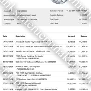 First Bank Nigeria statement sample β downloadable and editable bank document for proof of funds