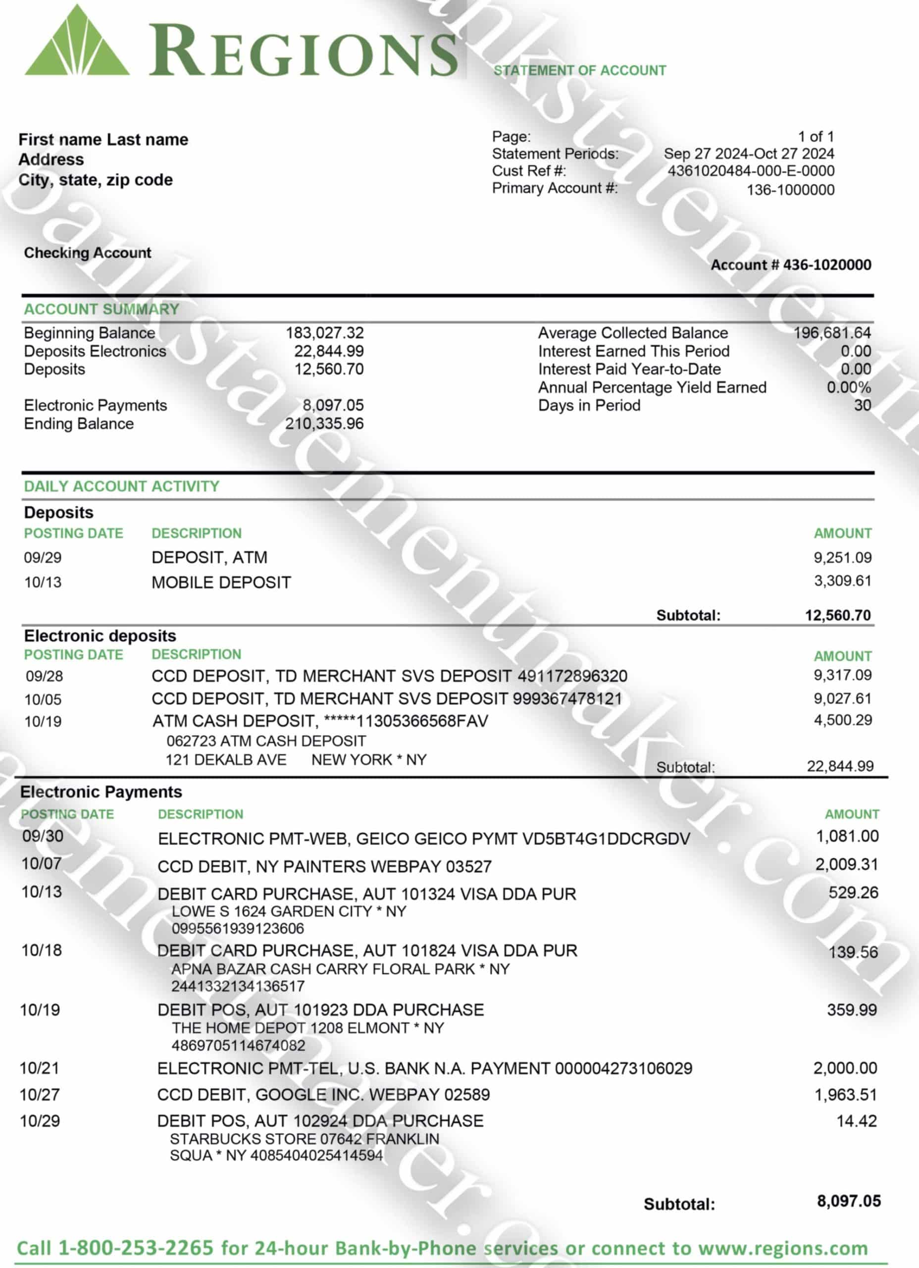 Regions Bank statement template – editable PDF for billing verification and address use cases