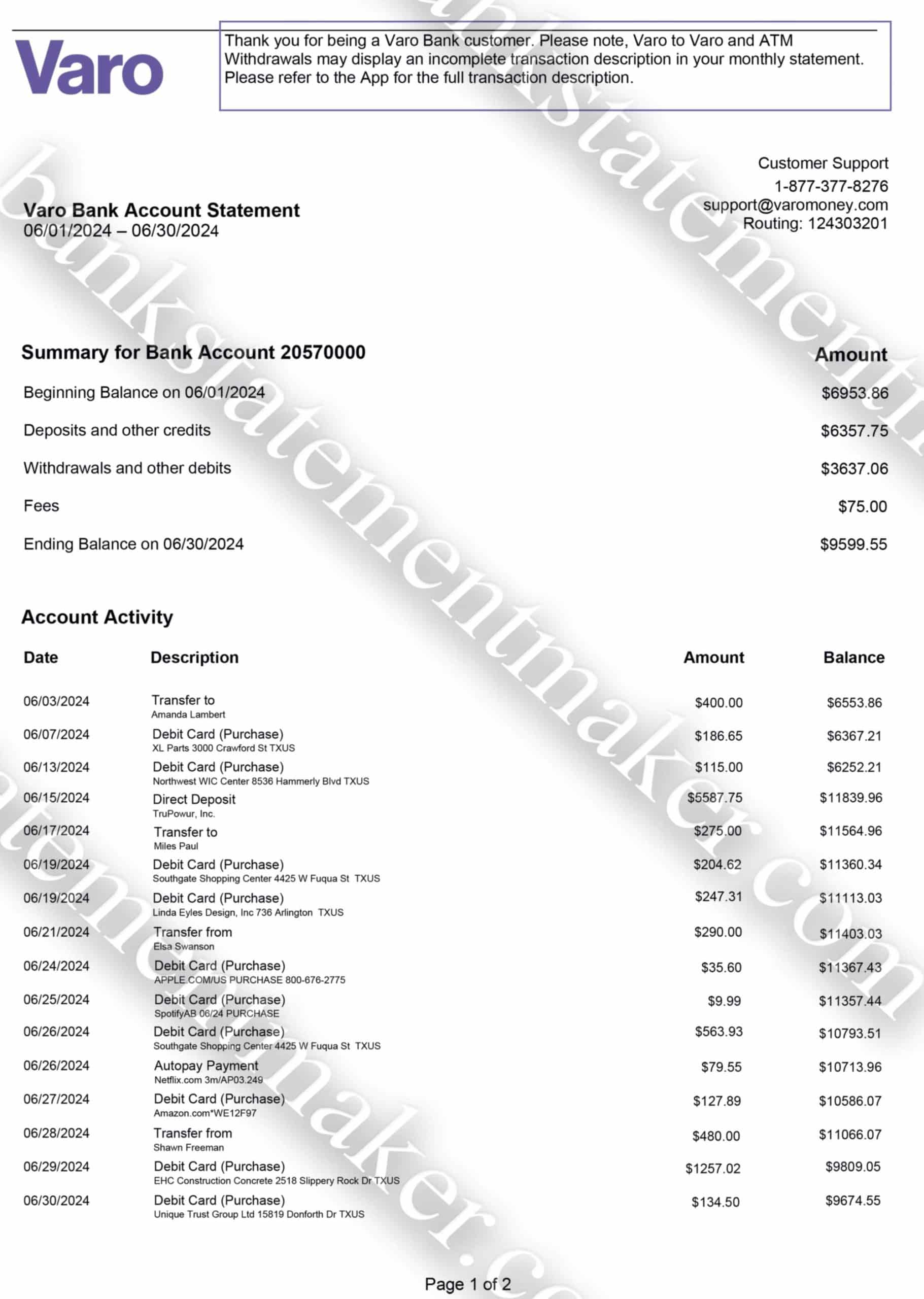 Varo bank statement template – realistic financial PDF for verification and UX purposes