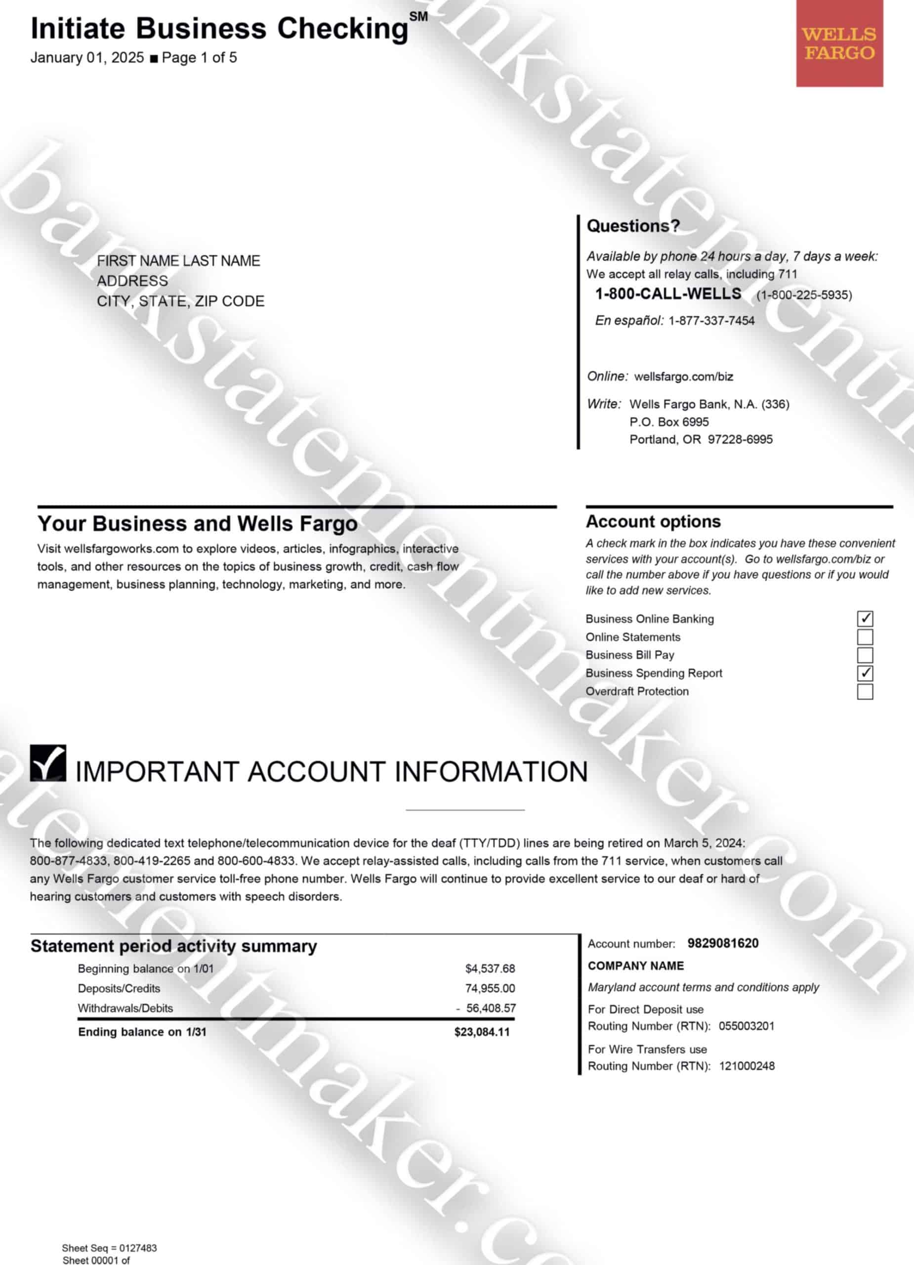 Wells Fargo bank statement template – editable billing PDF for interface testing and verification workflows